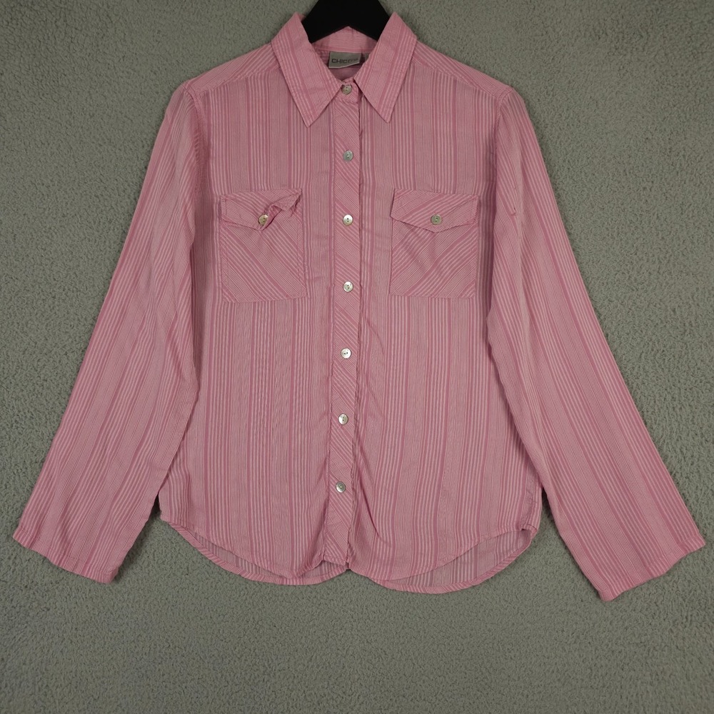 Chicos Shirt Womens 0 US Small Pink Striped Silk Linen Blend Button Up Casual - Picture 1 of 9